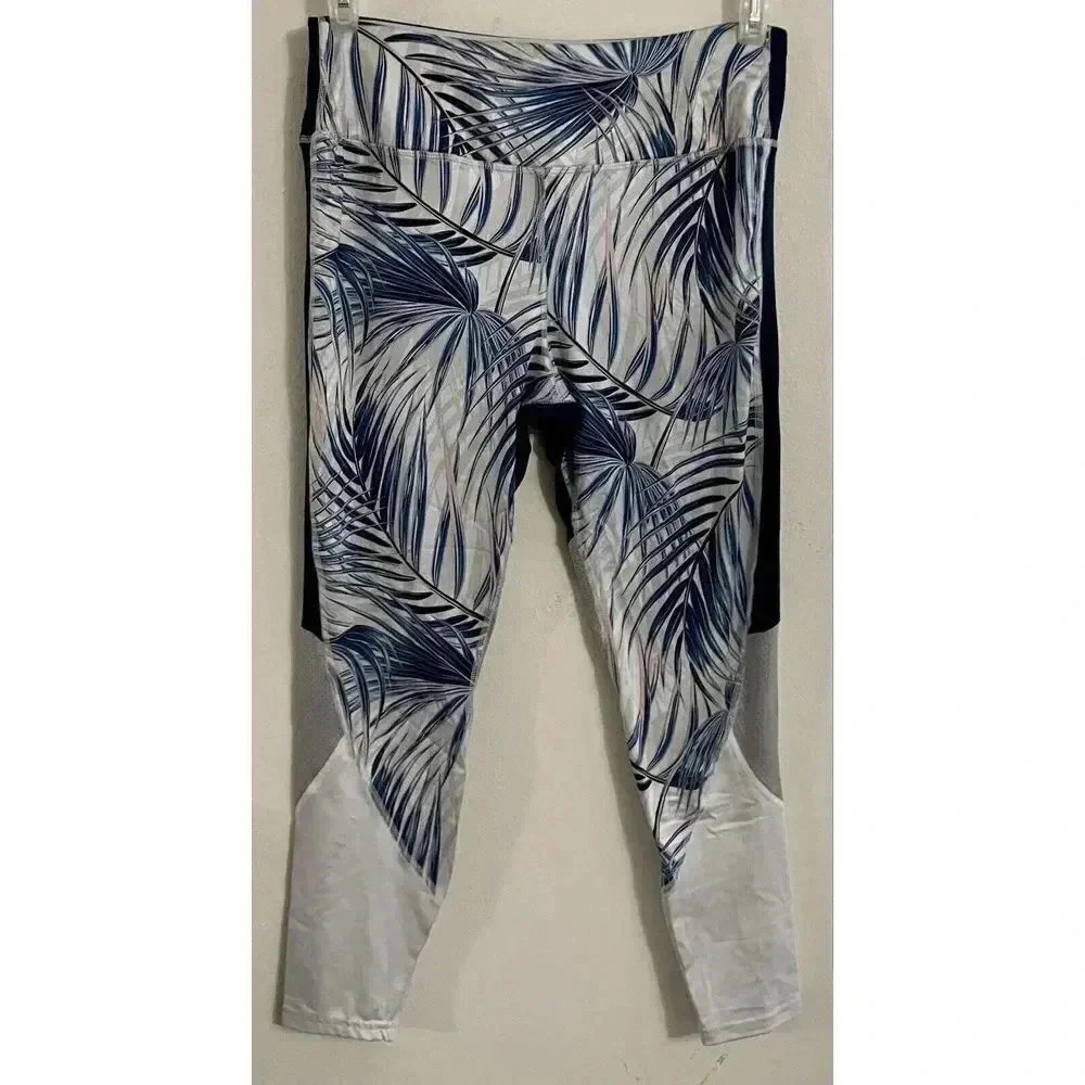 Avia Leggings Medium 8/10 Blue Gray White Tropical Leaf